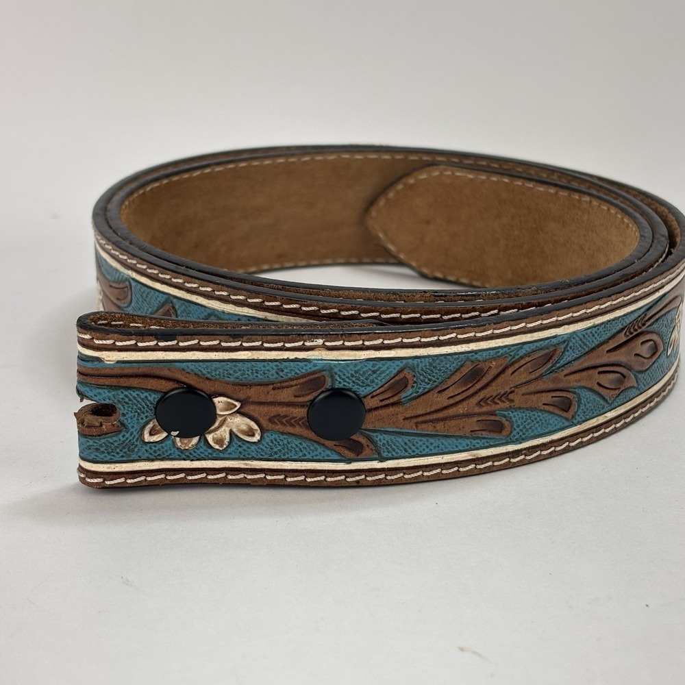 Myra Western Hand Tooled Leather Belt Turqouise Boho 46" Length Cowgirl Rodeo